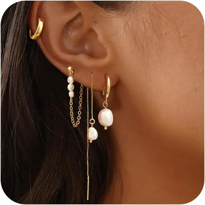 Body Jewelry Hypoallergenic - 4pcs 14K Gold Plated Pearl Dangle